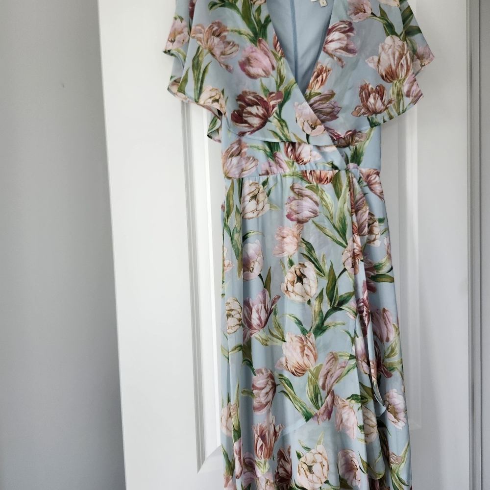 Blue Midi Dress Floral Size 4 LAURA Boho V Neck Flutter Sleeves
